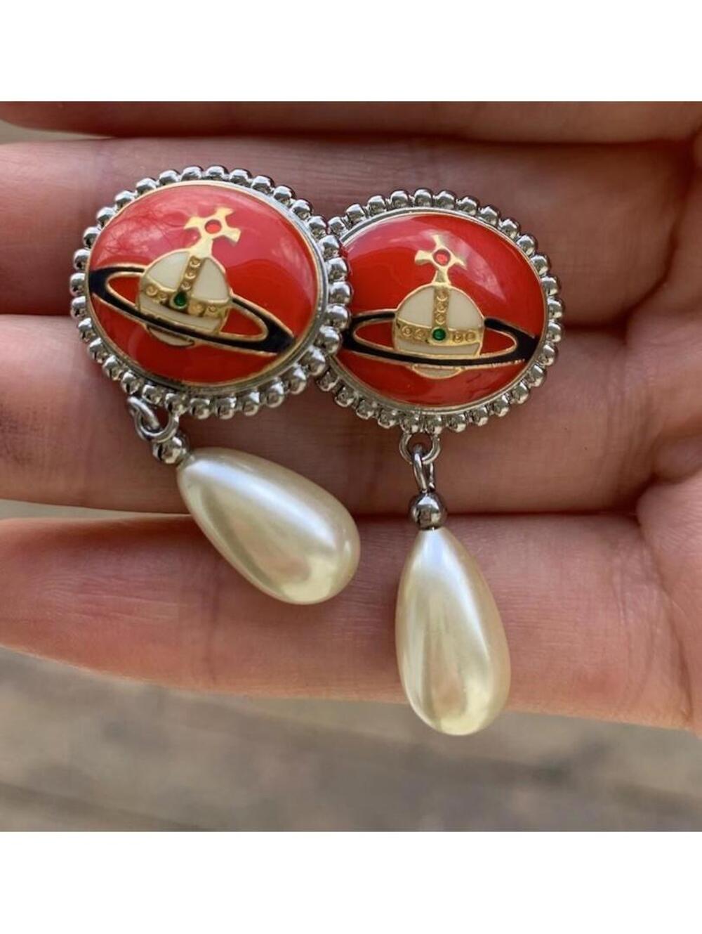 Vivienne Westwood Orb Enamel Button Pearl Earrings  studs Red Silver Green new